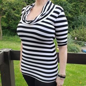 BeBe Shirt 3/4 Sleeve Drape at Neck Black & White Stripes Size S fits to Large